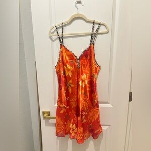 🌺 Y2K Tropical Juicy Orange Leopard Slip Dress L 12/14🐆